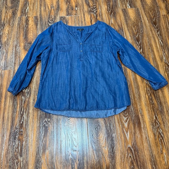 Lane Bryant Tops - Lane‎ Bryant Blue Denim Popover Blouse Long Sleeve Split Neck Top Womens 14/16